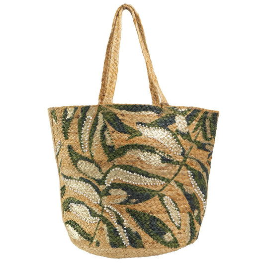 Magid Beaded Palm Print Natural Straw Jute Tote