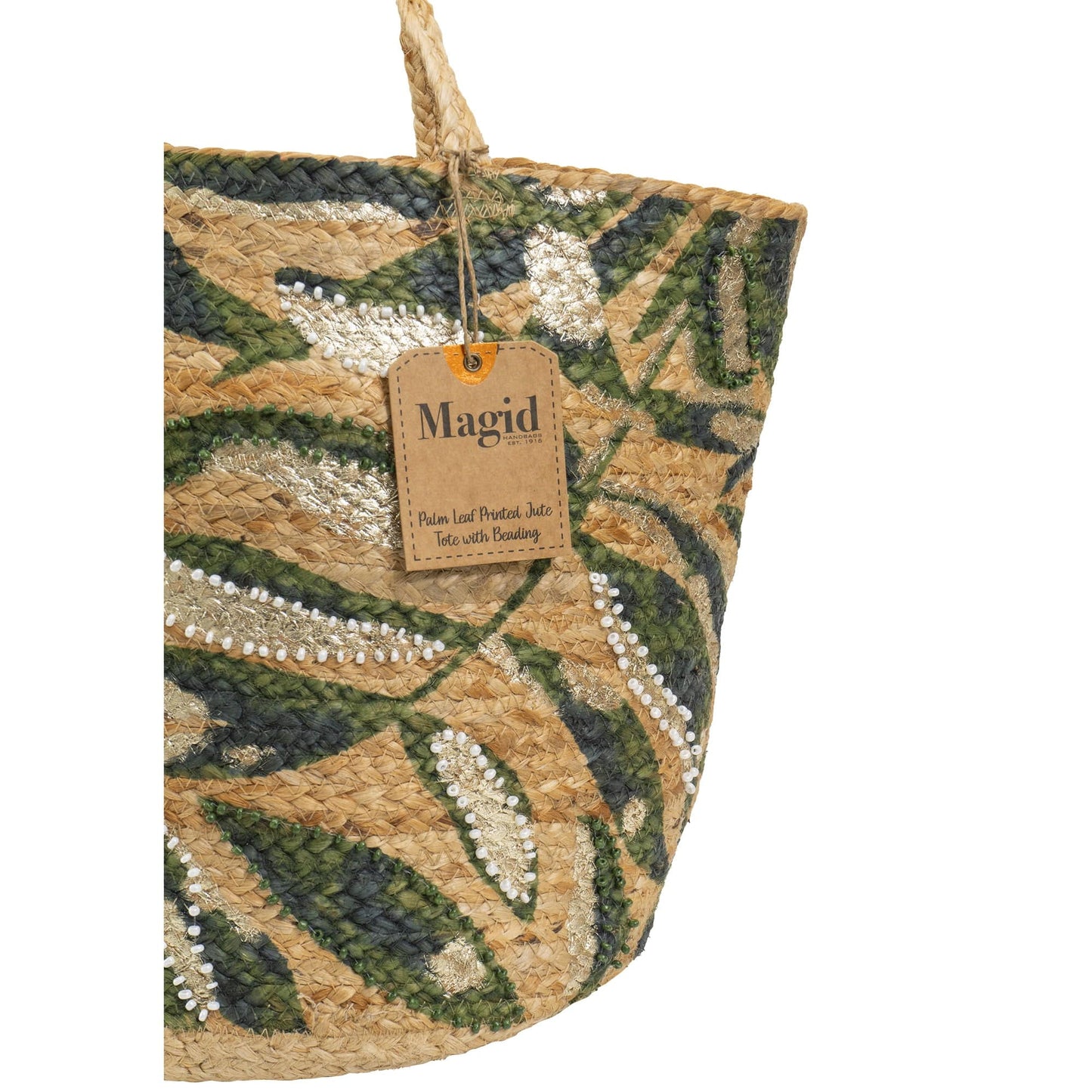 Magid Beaded Palm Print Natural Straw Jute Tote