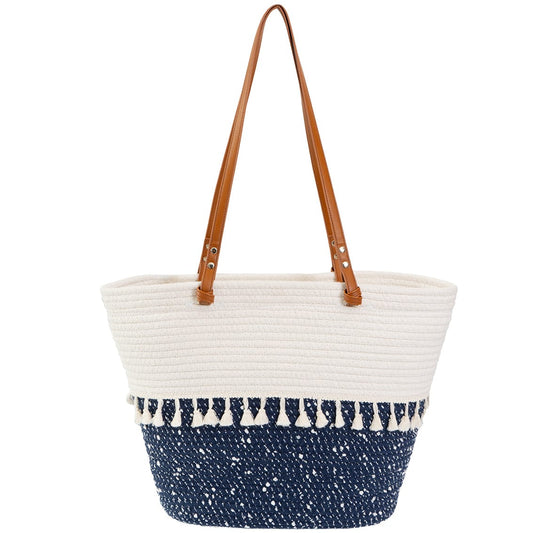 Magid Natural Cotton Woven & Faux Leather Fringe Shoulder Tote