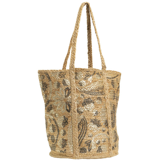 Magid Metallic Floral Print Natural Straw Jute Tote