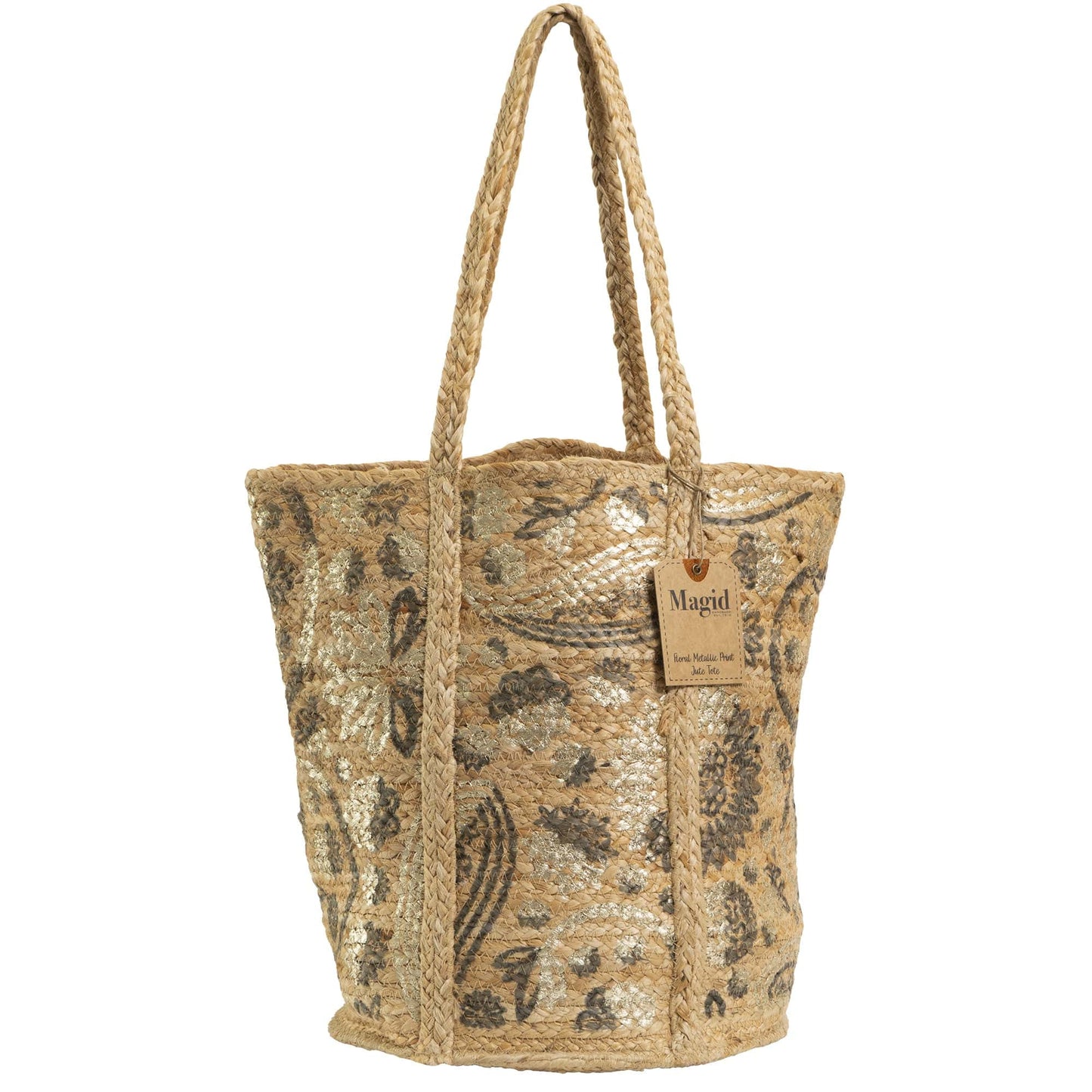 Magid Metallic Floral Print Natural Straw Jute Tote