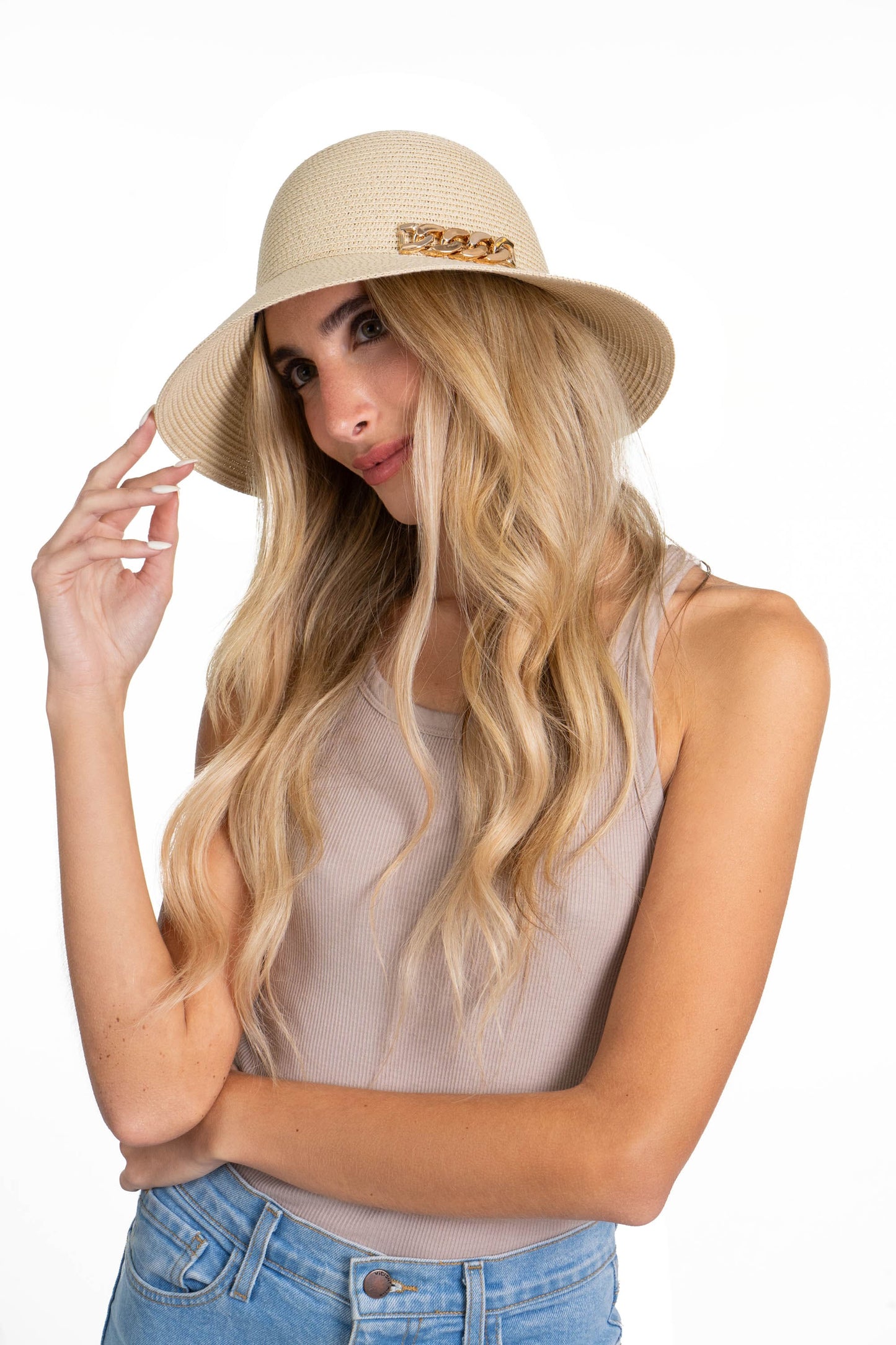 Adrienne Vittadini Chain Straw Bucket Hat