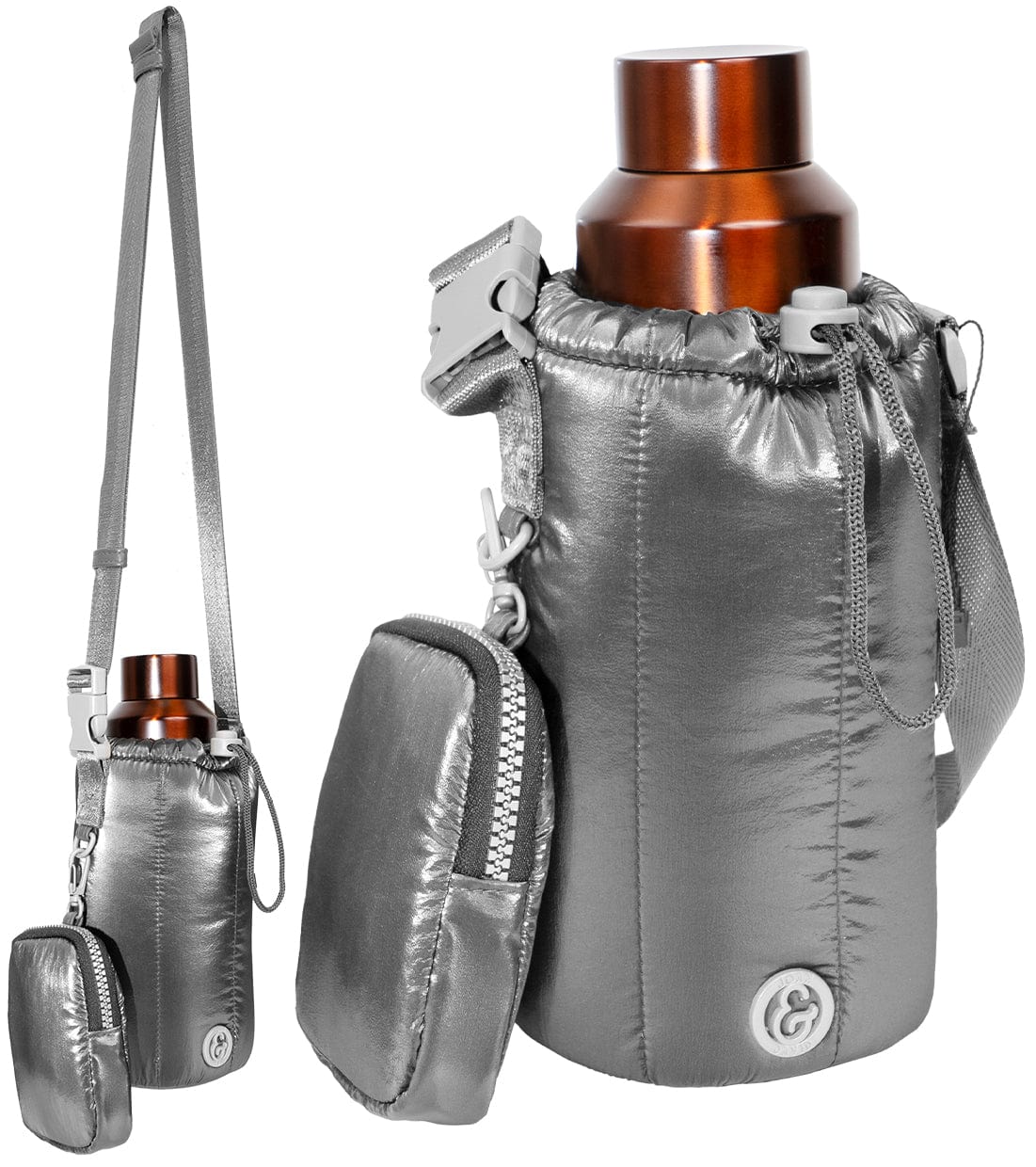 Joan & David Tubular Quilted Metallic Nylon Water Bottle Holder Crossbody Bag