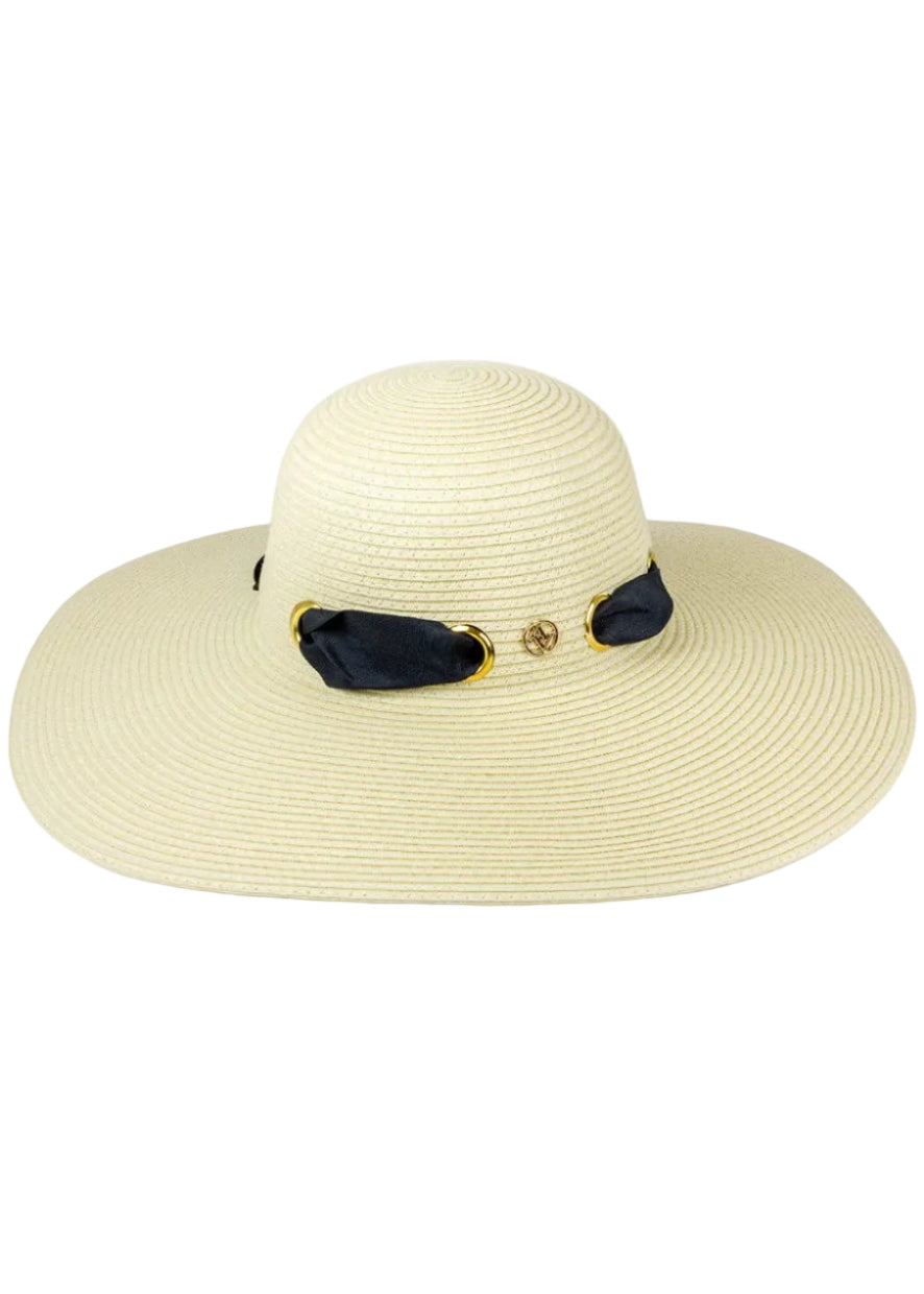 Adrienne Vittadini Straw Grommet Ribbon Large Brim Floppy Hat