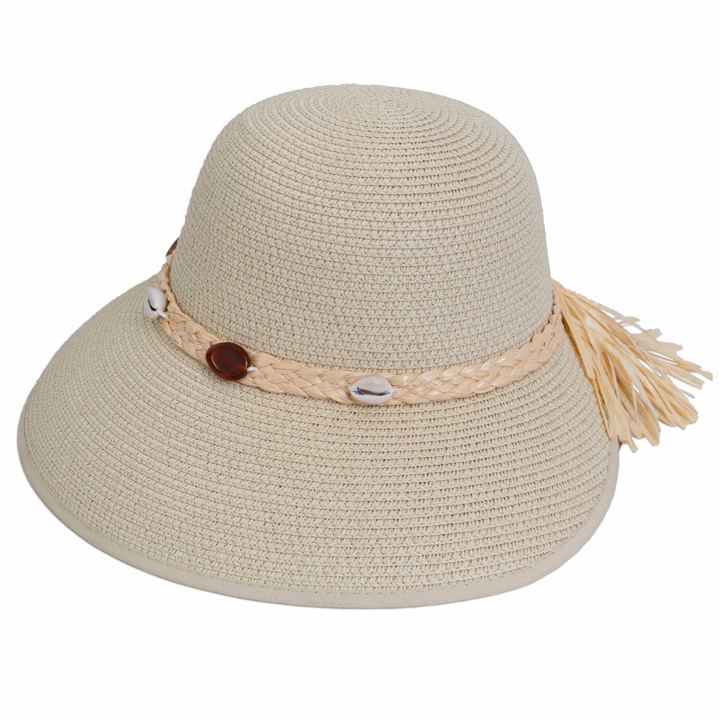 Magid Seashell Beaded Straw Frayed Brim Garden Hat