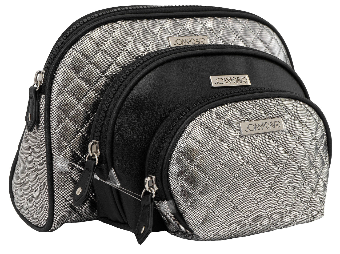 Joan & David 3 Piece Quilted Nylon Metallic Dome Cosmetic Pouch Set